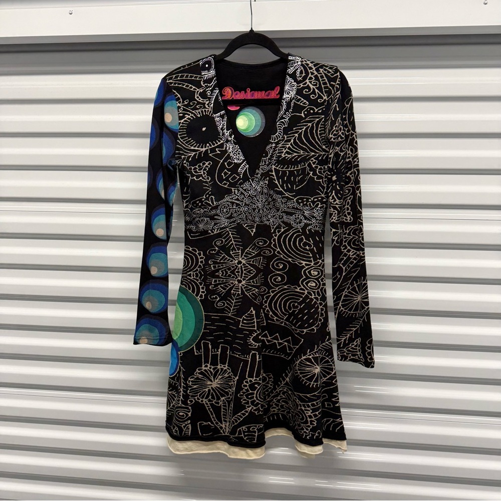 Desigual Printed Long Sleeve Mini Dress Black Multicolor True Medium